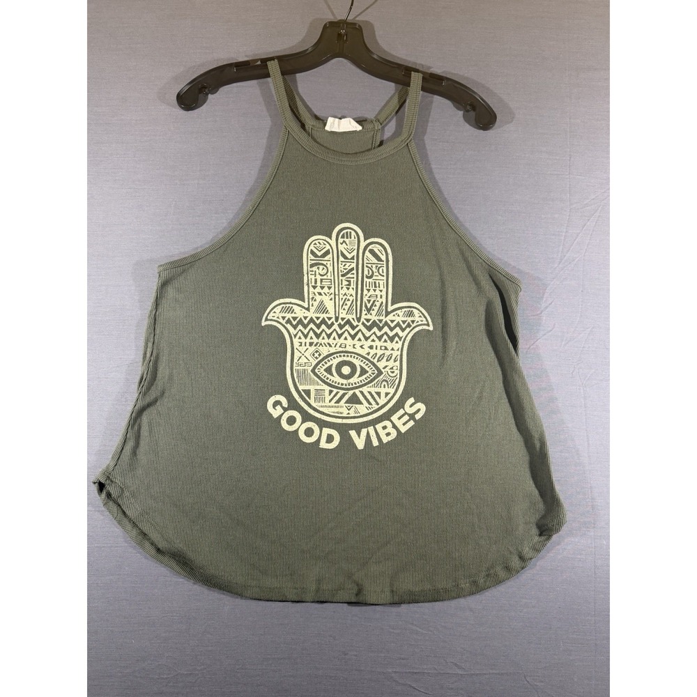 Moonchild Womens XL Olive Green Good Vibes Hamsa Ribbed Racerback Tank Top